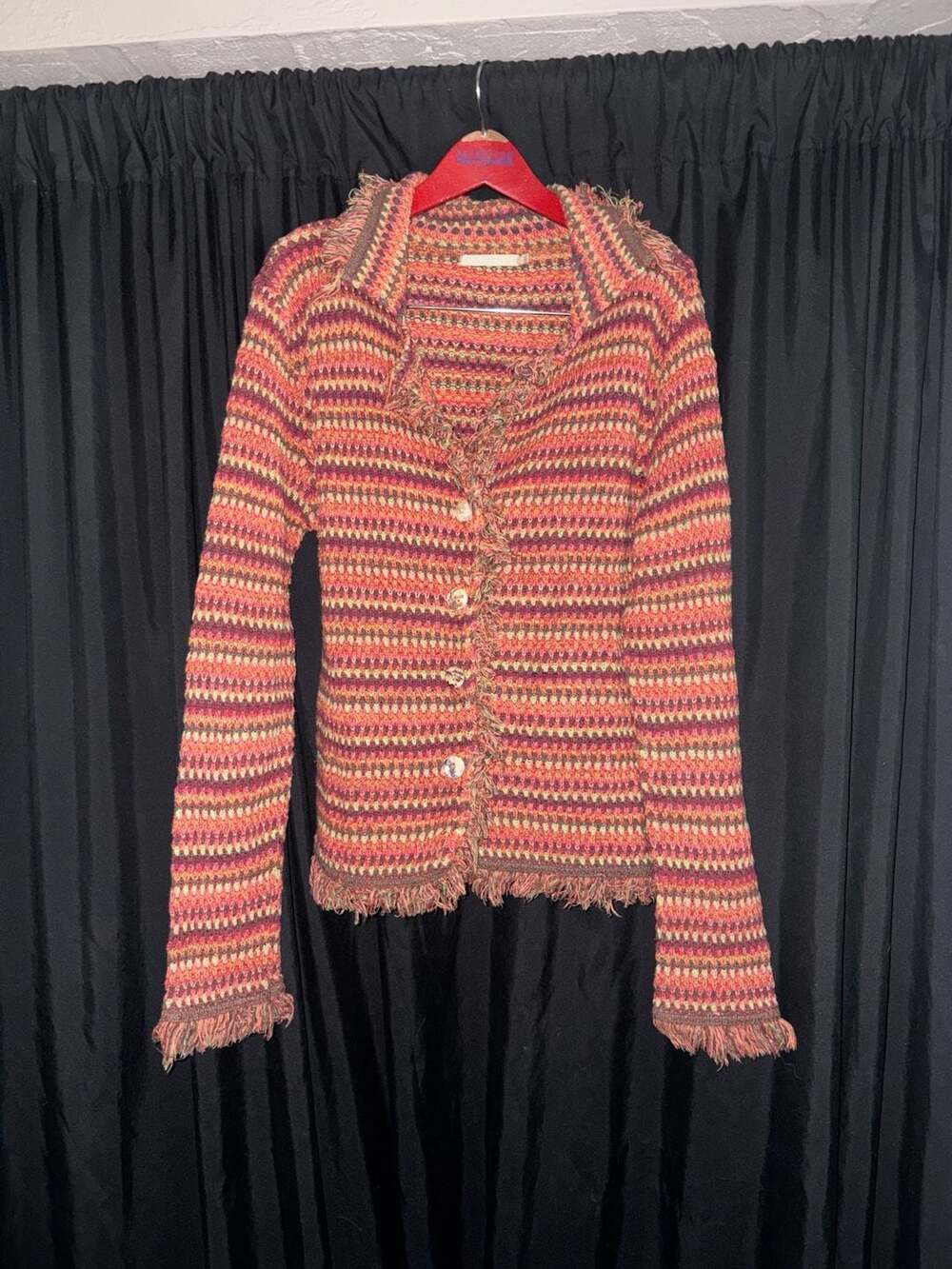 Relais Vintage Multi-Color Striped Fringe Knit Cardigan, Size L